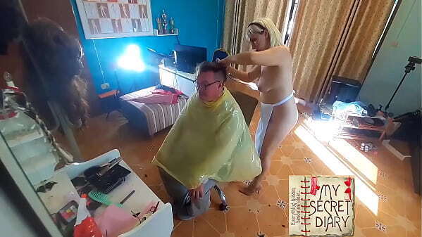 Compilation. Nudist barbershop. Nude lady hairdresser apron makes client strip. Naked barber.