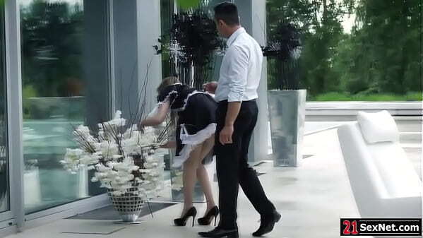 Petite blonde housemaid fucked boss outdoor couch