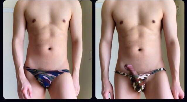 迷彩柄のセクシー下着を試着する