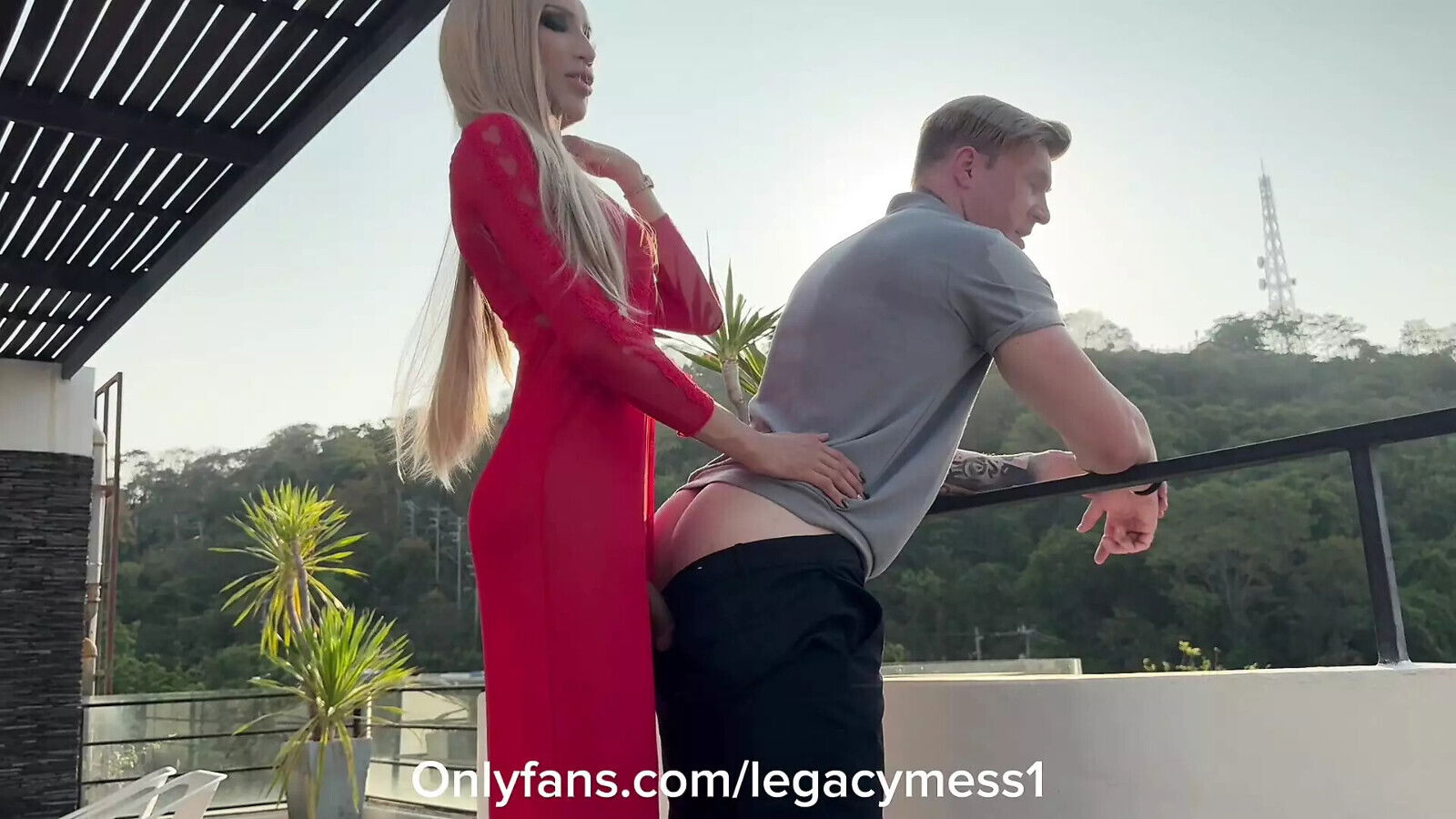 Tall Asian blonde Ladyboy dominates fuck with pornstar Magic Michel outdoor