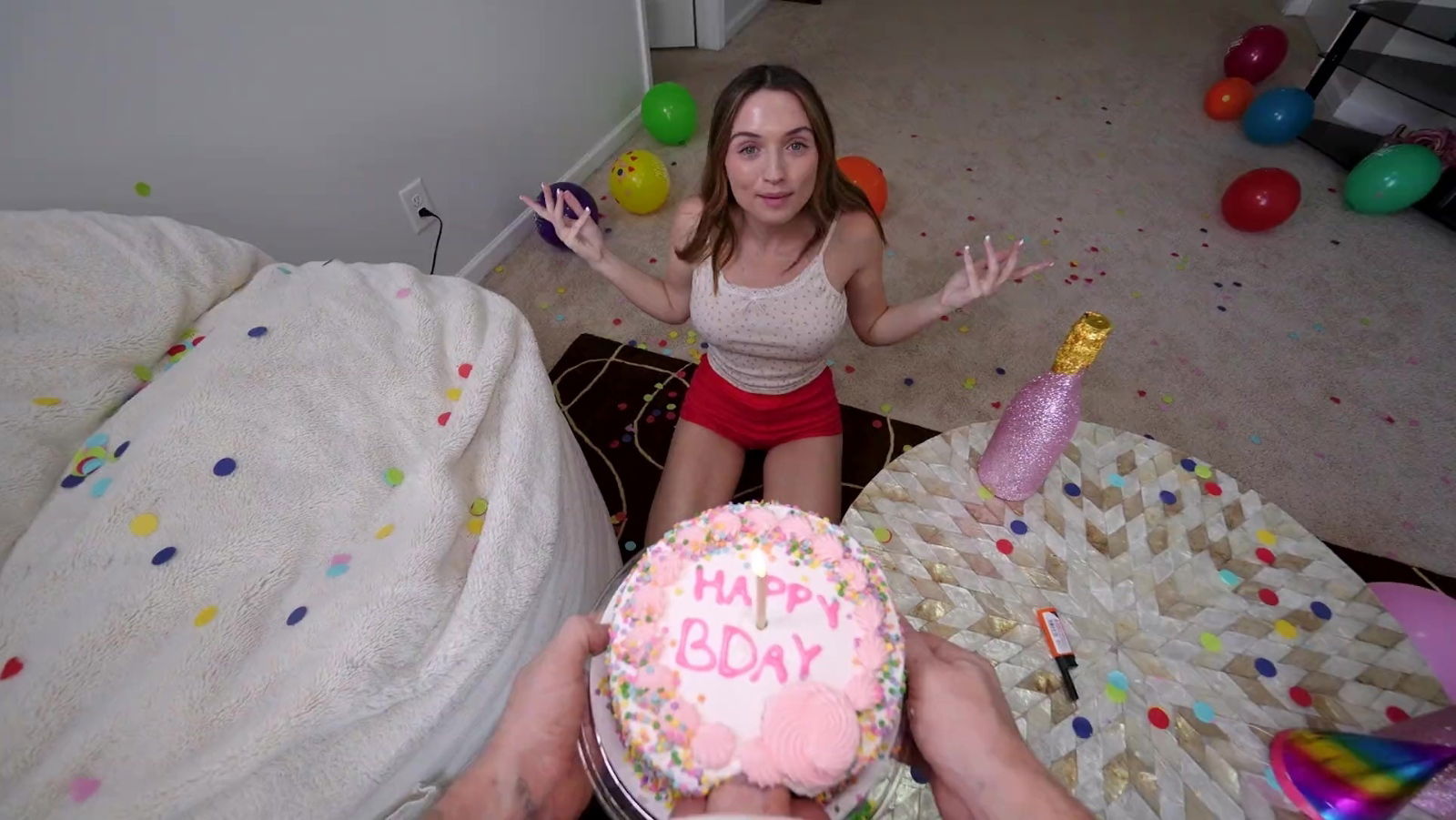 Girl with beautiful celebrates bday with Stepbro's dick mouth