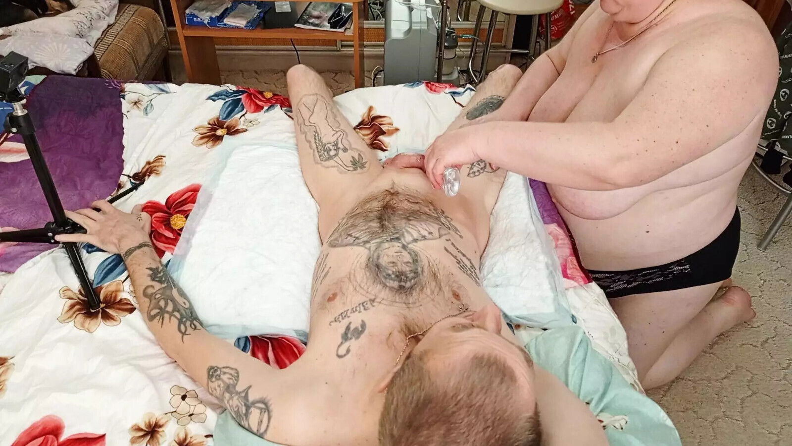 mother-in-law does massage penis balls playing with sperm