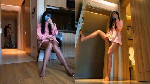 Chinese ladyboy pink dress opens hotel room door cums stockings