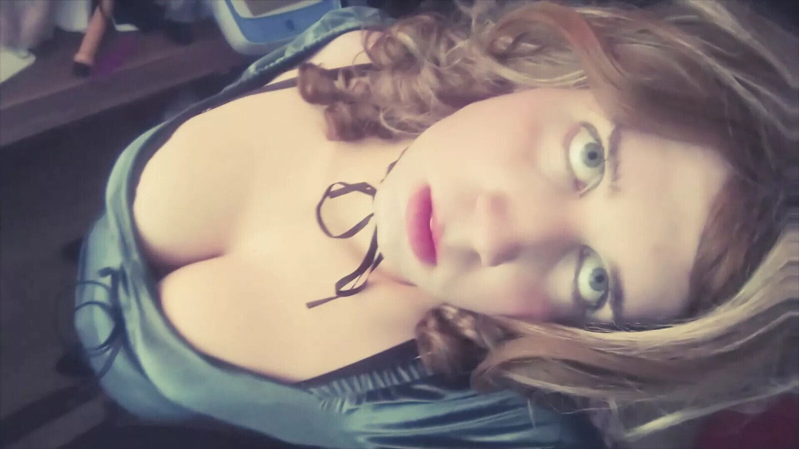 Girl green dress rides huge black