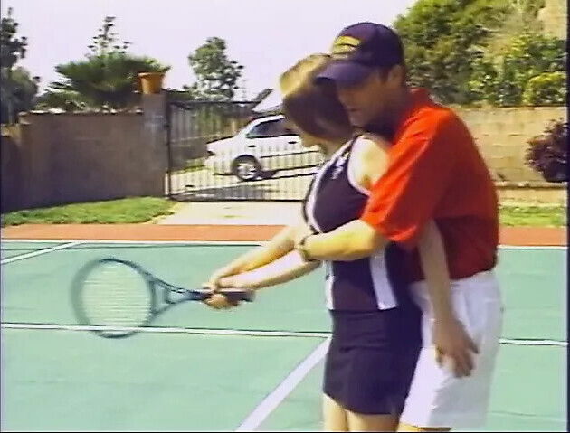 Lusty brunette gets horny after a tennis match and fucks a stud on the court 