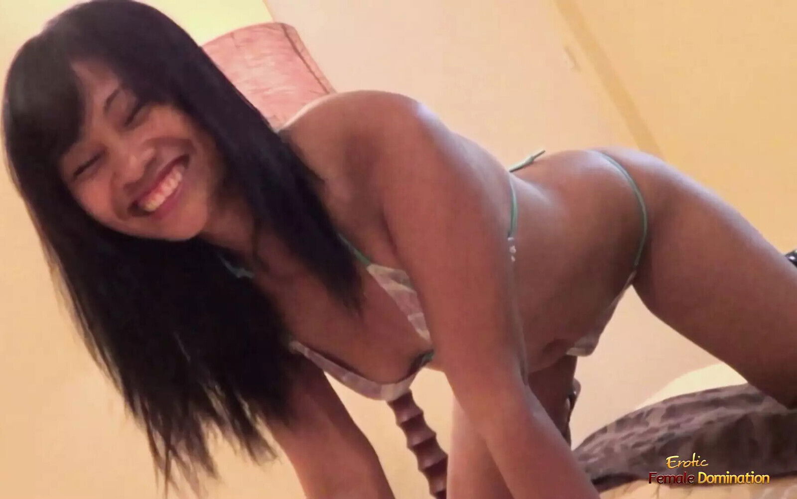 brunette strips Asian body lays prepared