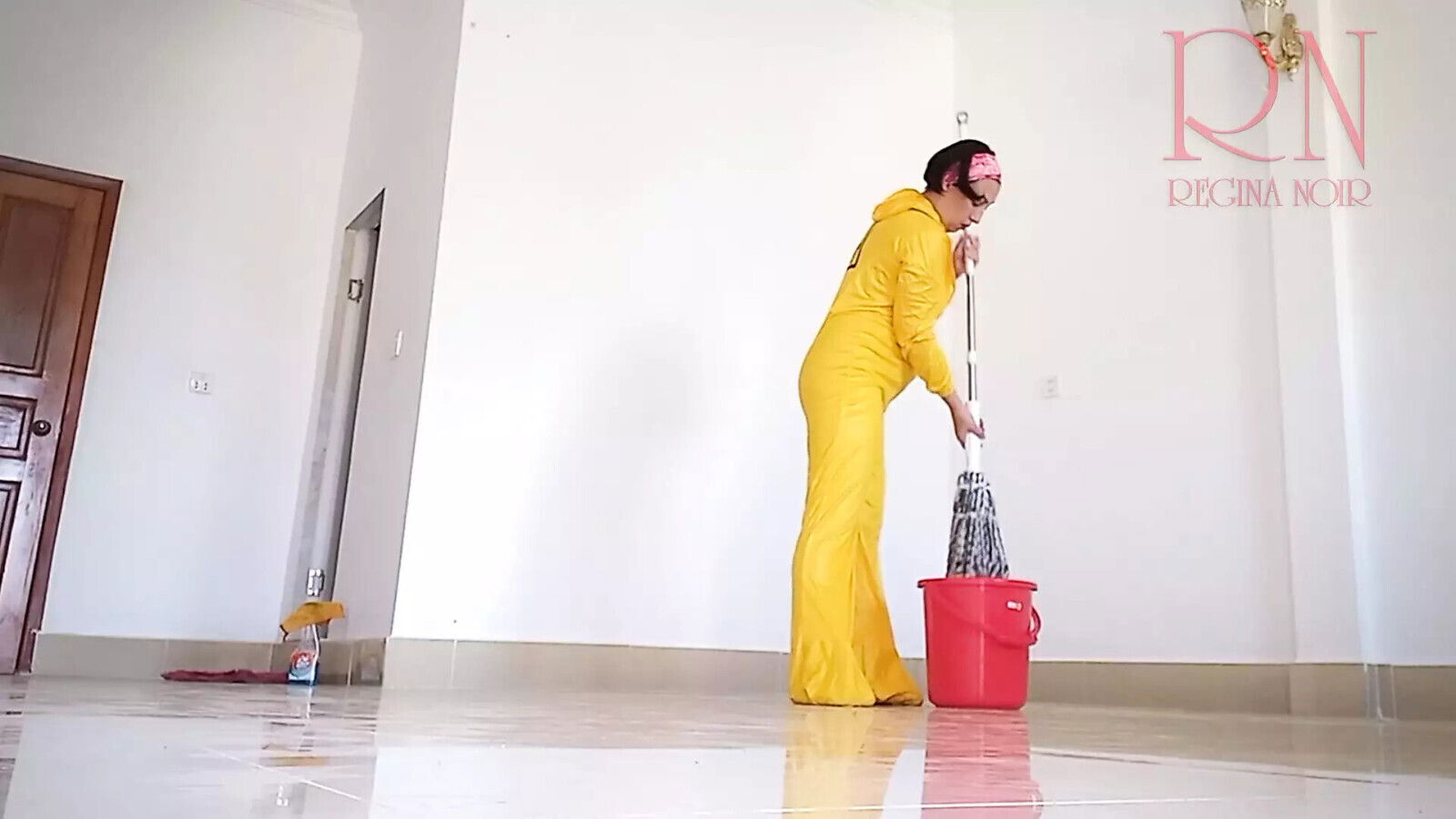 Naked maid cleans office space. Maid without panties. Hall