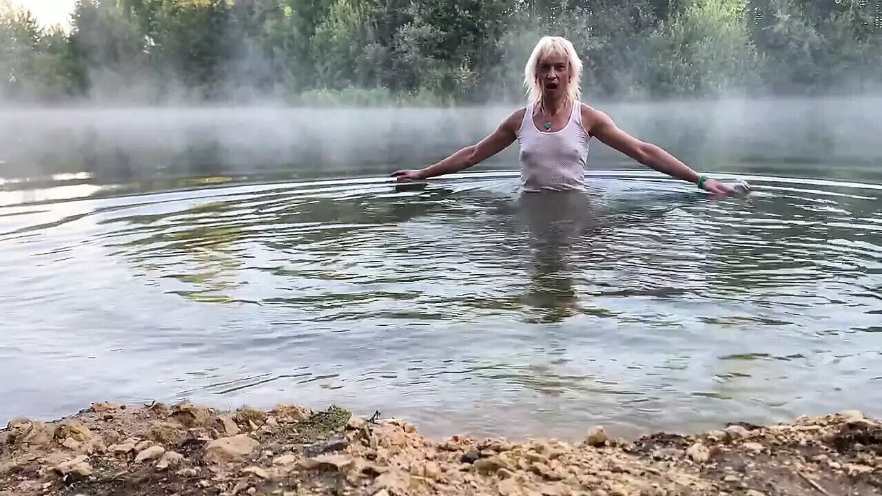 Swimming lake morning clothes...and nude... happy! wetlook transgirl.
