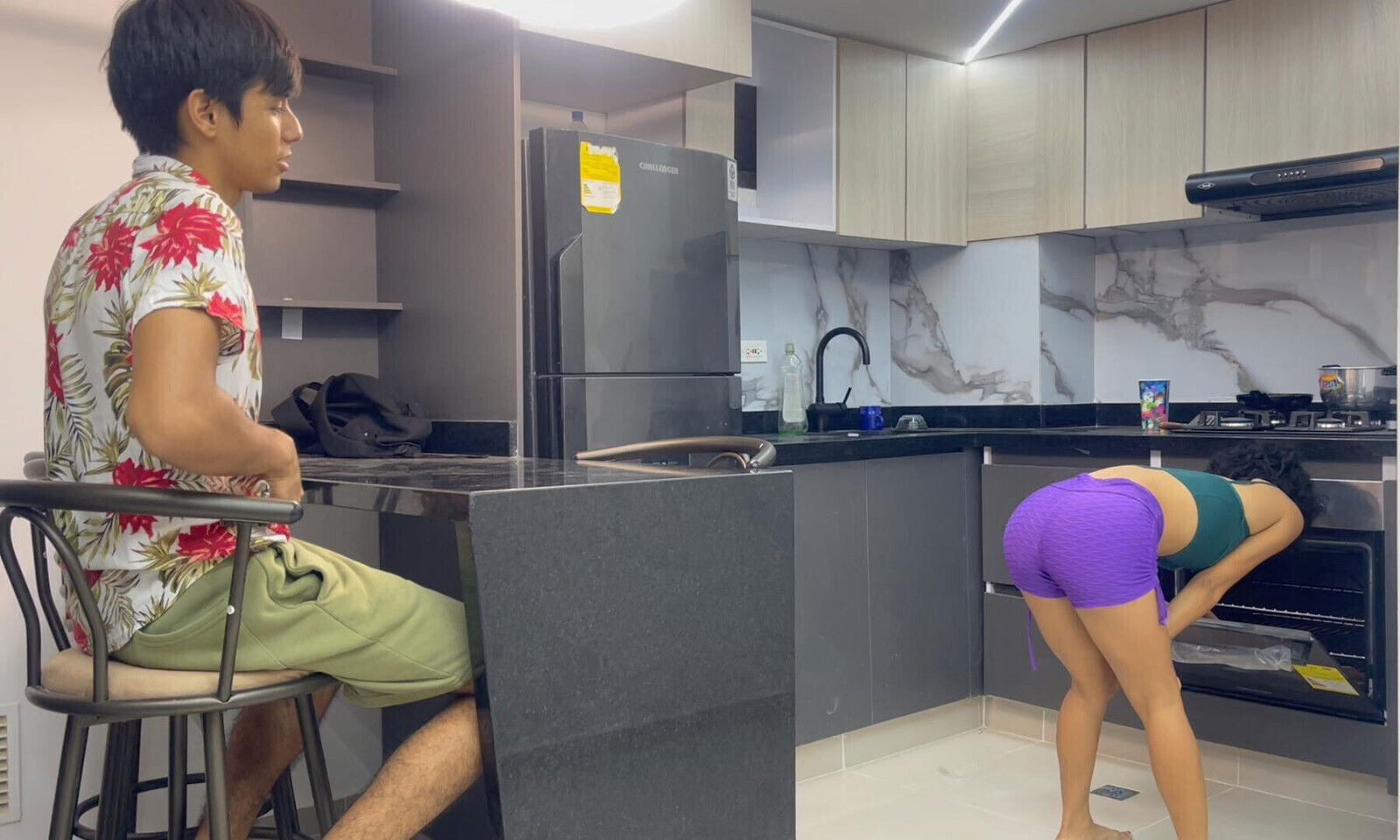 My shy stepsister catches me masturbating in the kitchen while she's making breakfast.