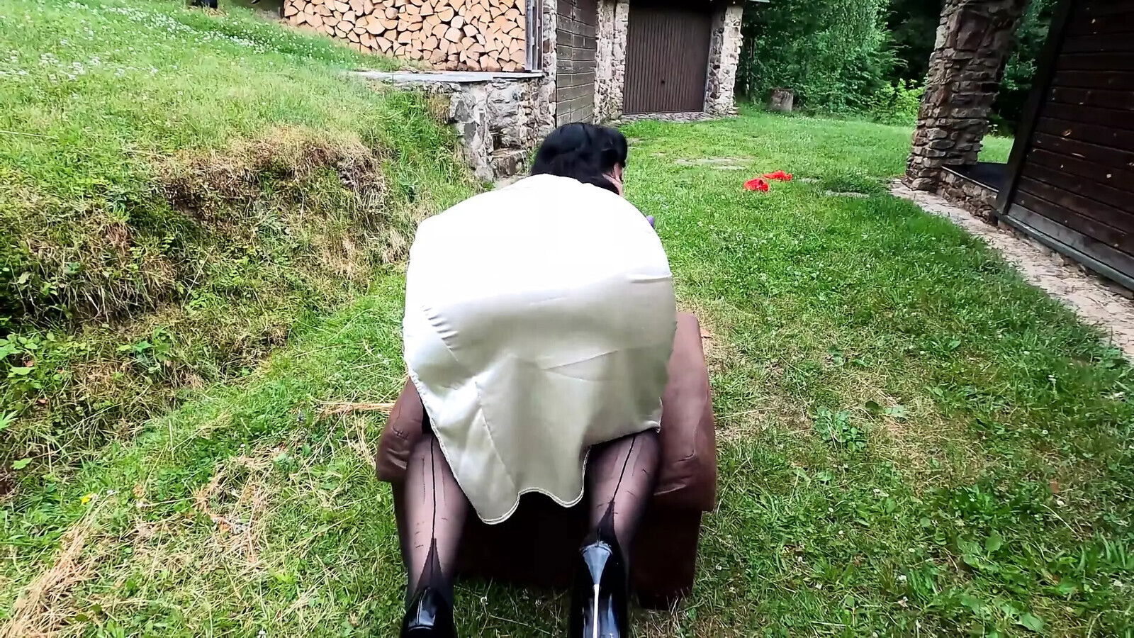 Purple dildo black stockings