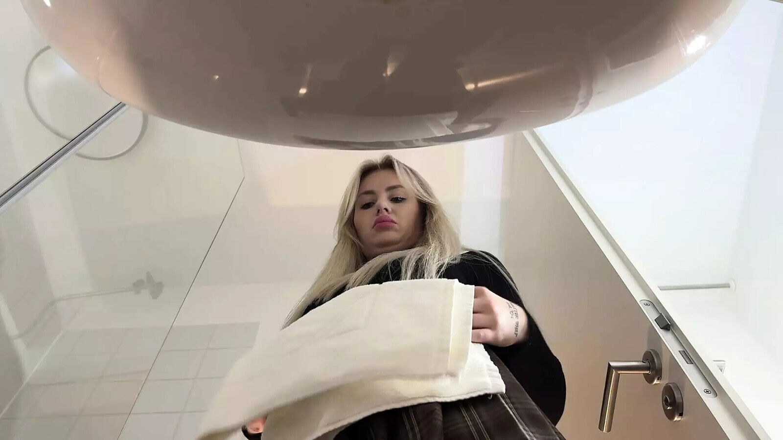 Blonde Pantyhose Heels with Miniskirt does Striptease Bathroom