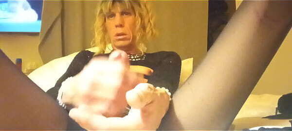 Mature transgender Riki strokes big sissy cock
