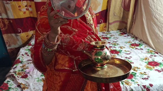 Desi married bhabhi karwa chauth Puja with Dever clear Hindi audio