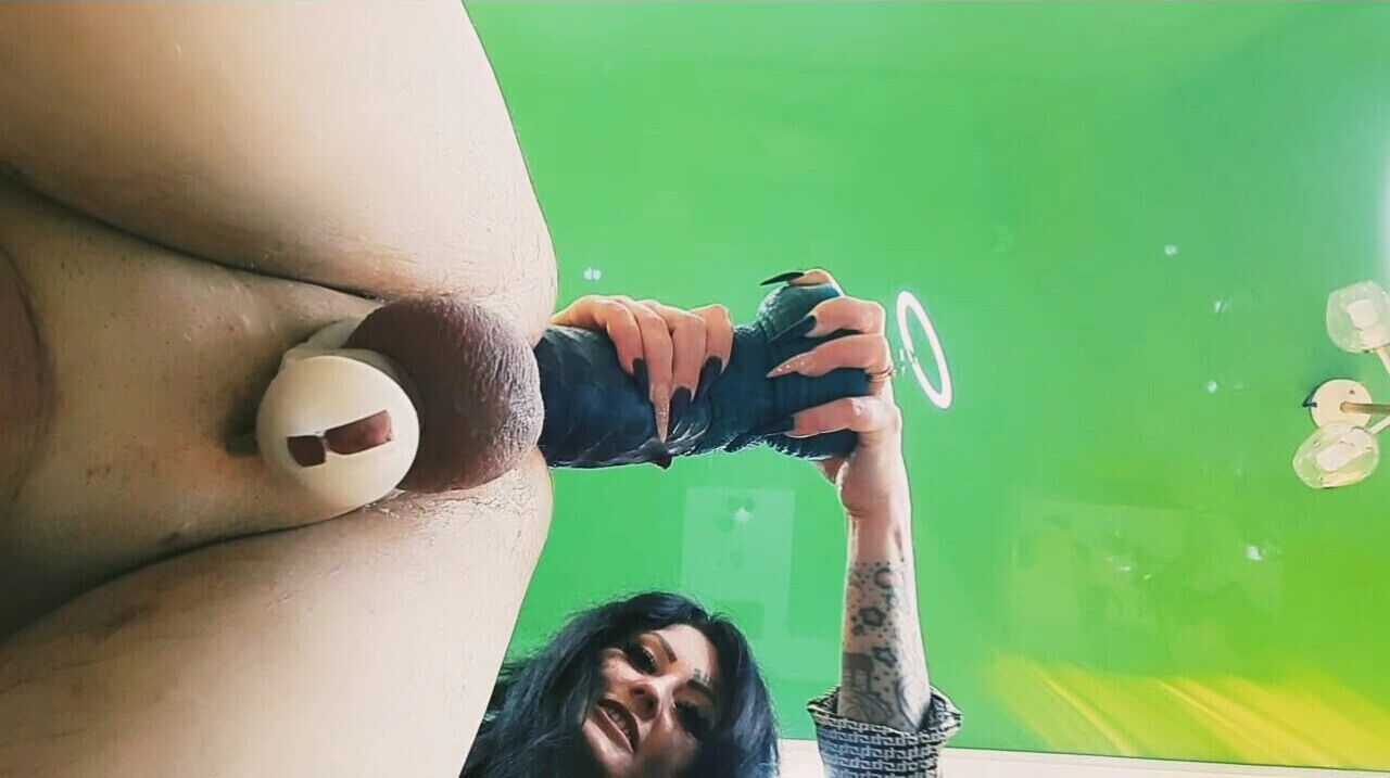 Bottom view, slave chastity belt takes toys into hole.