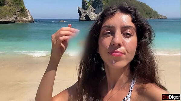 Hottie sucks dick public beach walks along shore with face Cumwalk