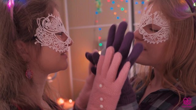 Two Lesbians Kiss in Gloves. Double Handjob and Blowjob - Polyamory