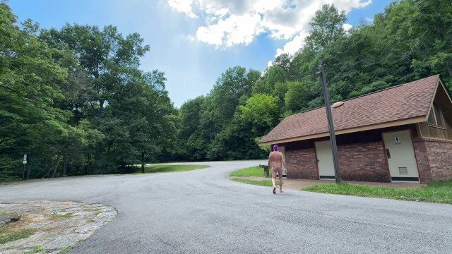 Walking across parking naked into restroom jack off. Almost caught!