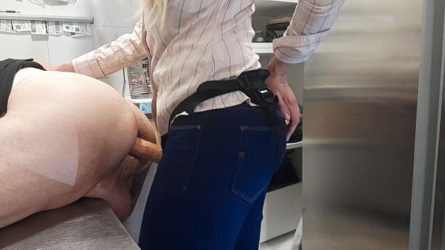 Naughty Milf open ass to the chef with a cucumber and her big strapon