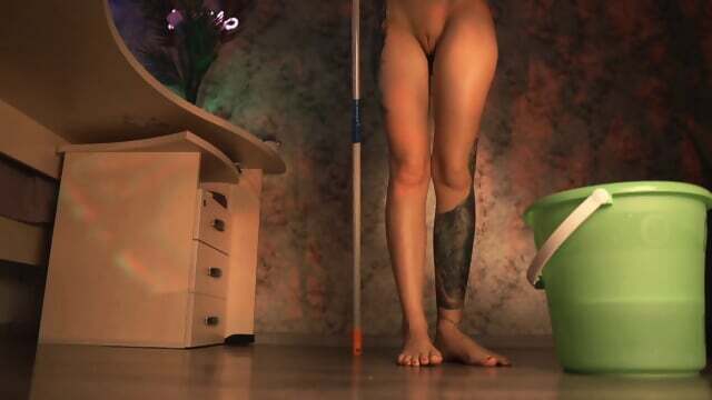 Skinny Sister Washes Floor Naked!