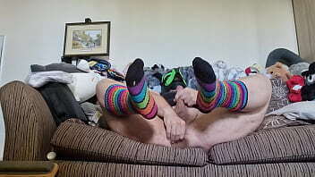 NeonGreenHusky in Rainbow Knee Highs Takes Knot and Cums