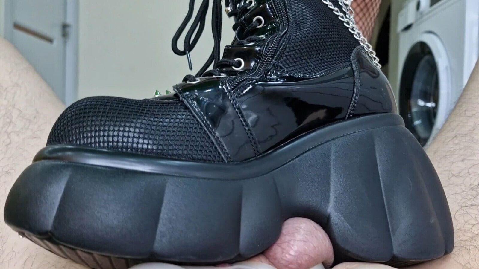 Ballbusting, trampling balls chastity belt. Dominatrix Nika kicks balls tramples them boots.