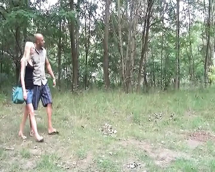 Skinny blonde German rides outdoors