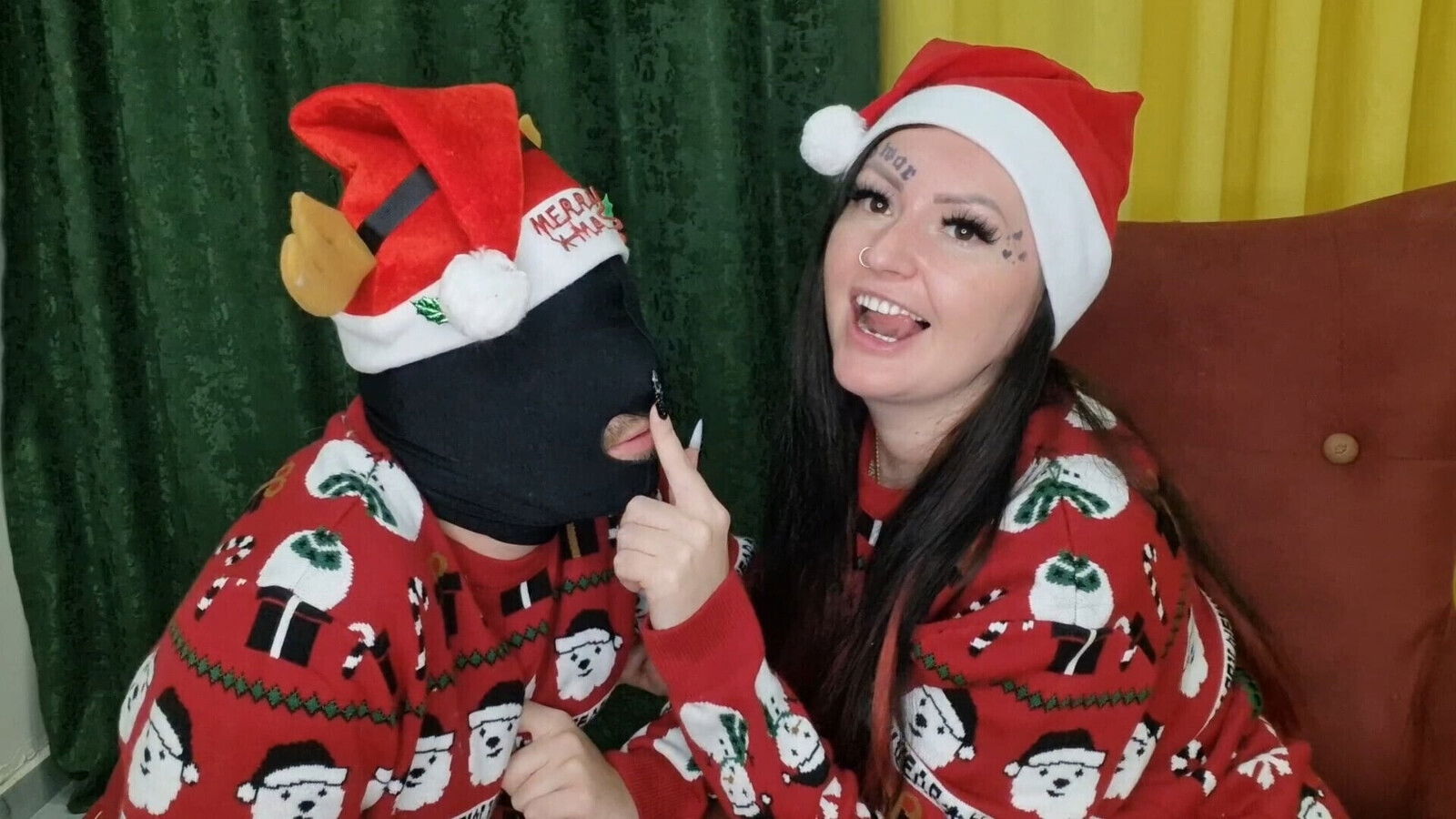 Fetish passionate kisses lips. Dominatrix kisses slave, feeds orange from sweet lips