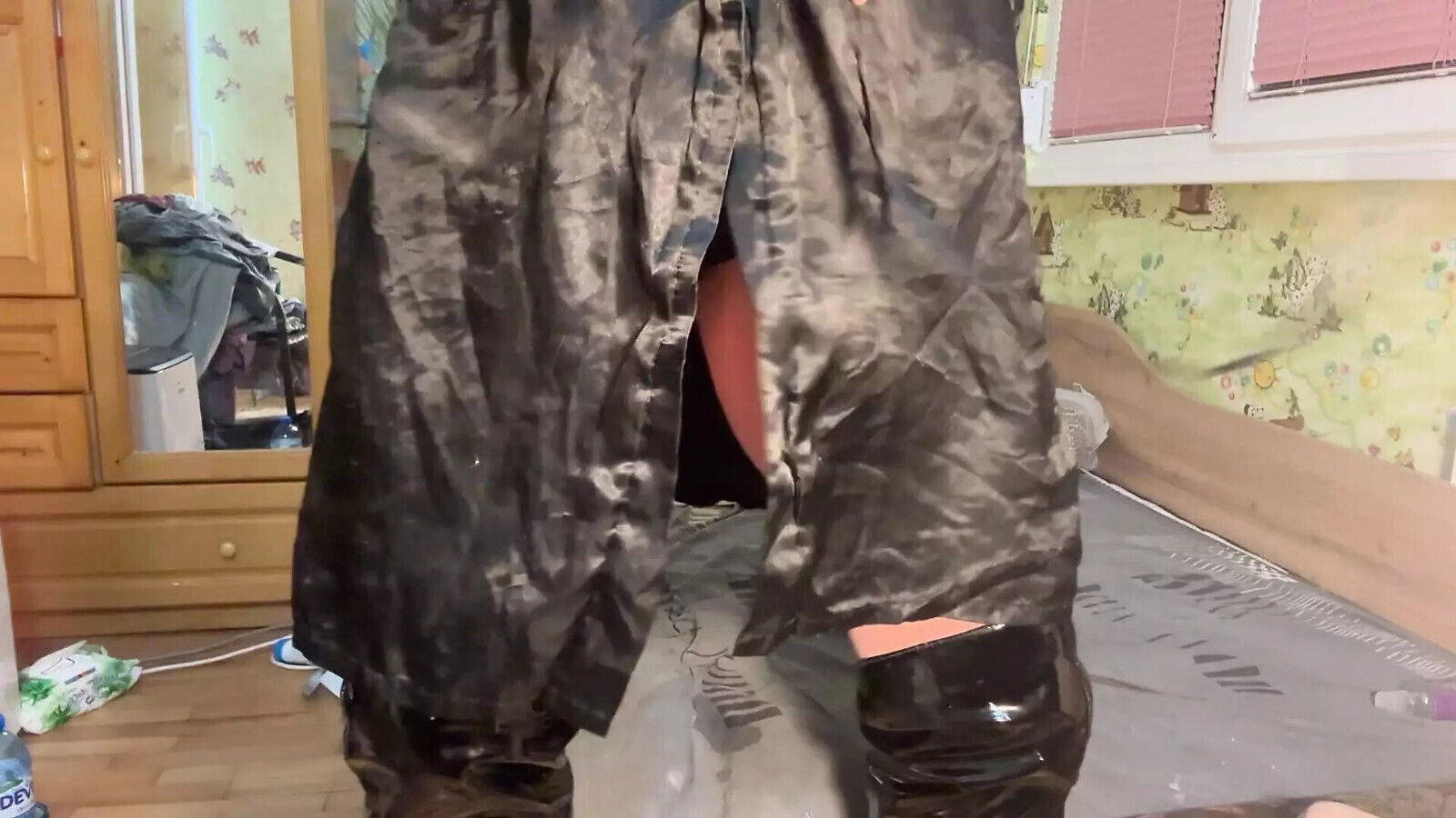 Full back black sheer nylon panty stuff with dildo