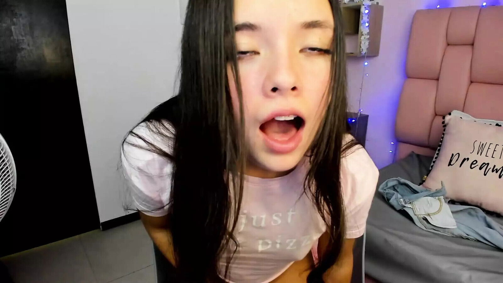 College girl with perky body writhes with pleasure chair while controlled moans like little whore