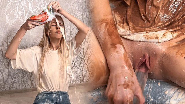 Messing myself with cream chocolate syrup. Playing with pussy, squirting peeing myself