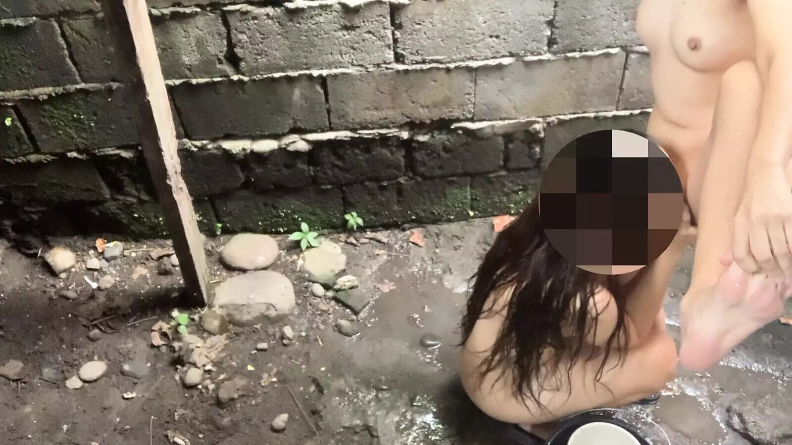 taking bath outside with neighbor