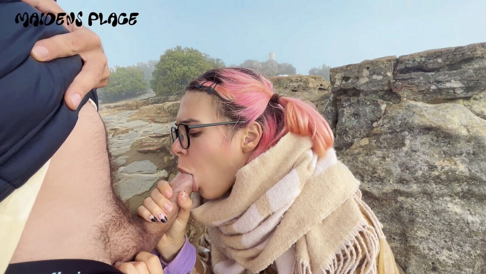 Crazy mountain summit blowjob with mouth cumshot