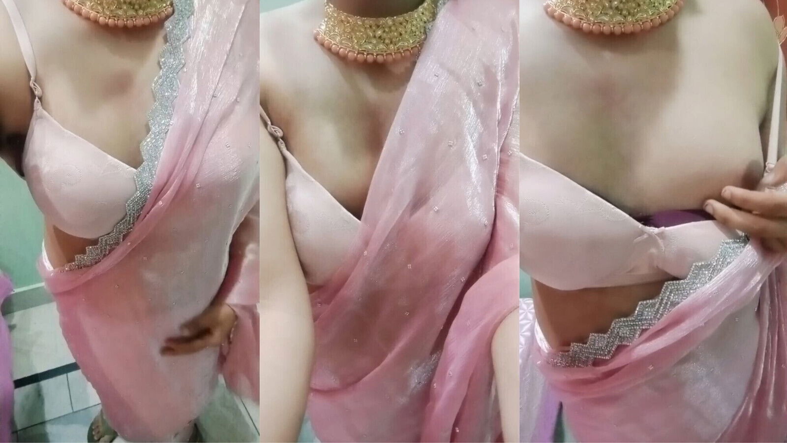 Indian Crossdresser Gaurisissy pressing playing with boobs pink saree looking like horny housewife