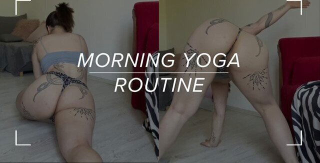 Curvy Tattooed Model Morning Yoga Splits Stretching