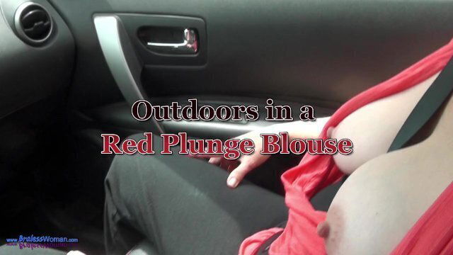 MILF Outdoors Braless Nipples Deep Plunging Blouse