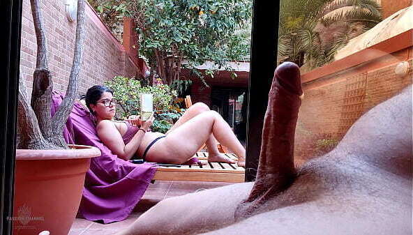 stepson takes terrace, gets excited looking behind window showing erection neighbors. nipples very hard I'_m wearing bra.