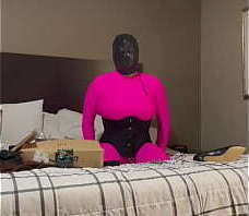 Sissy locked in bondage hood