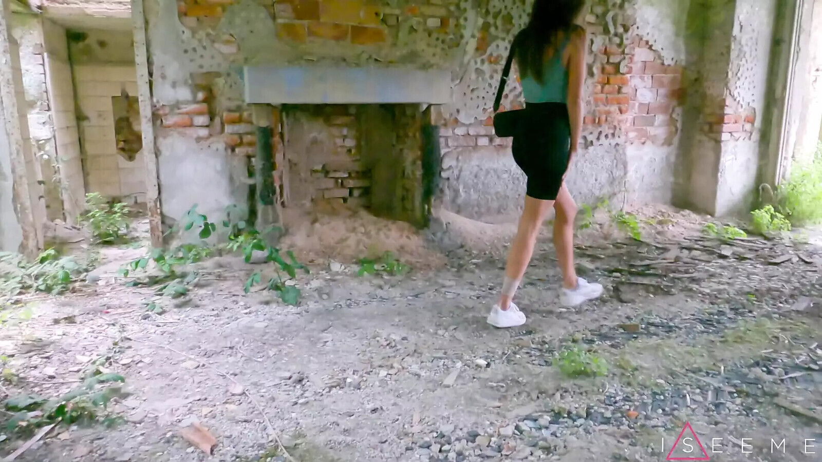 Risky abandoned jail brunette