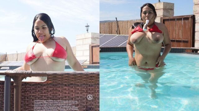 Cachonda Venezuelana tetas gigantes mastrubando dildo jardín privado baño frío