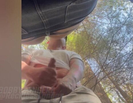 Bent over between some trees, gets rough