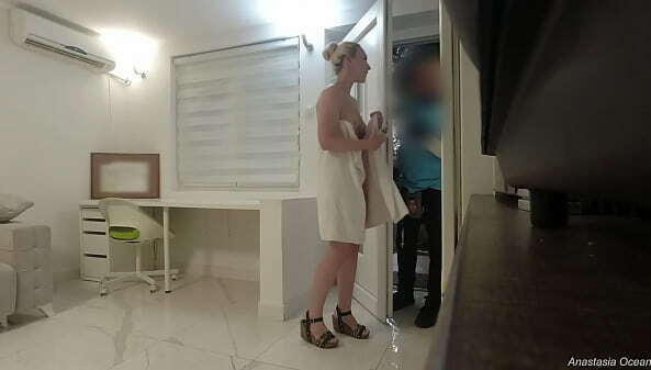 dropped towel front delivery man. Real delivery