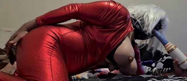 Horny Booty Slut Catsuit Spit Roasts Herself