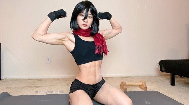 Ripped Mikasa Ackerman flexes muscles does push-ups sit-ups Attack Titan Cosplay