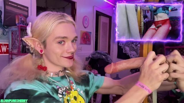 Cute Trans fucking sucking entire dildo collection!
