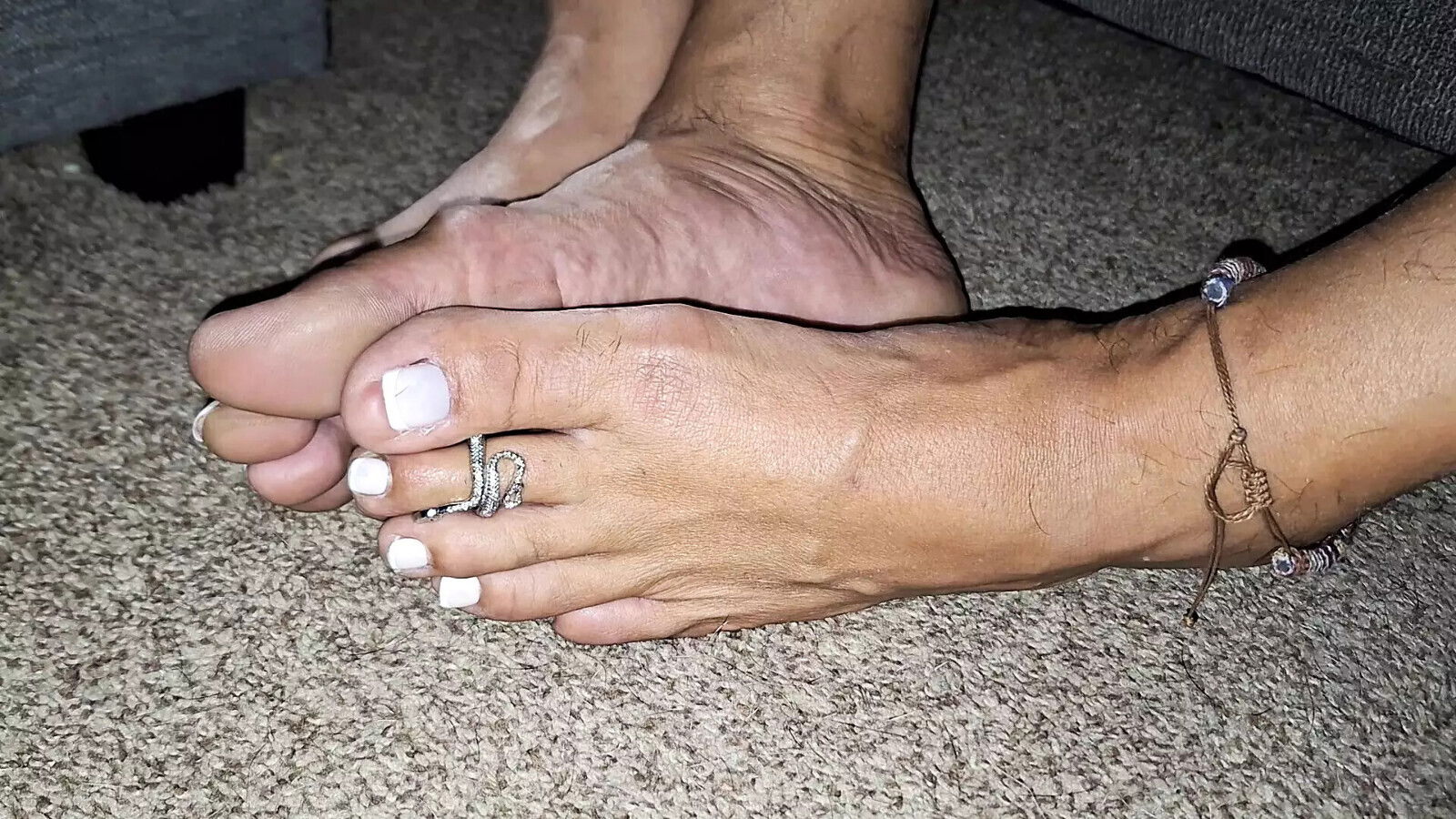 Girlfriend soft feet together show rings anklets