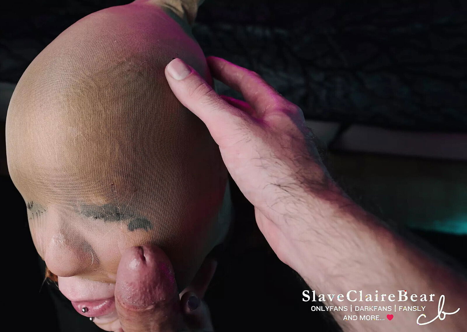 Silly slut sucks dick gets slapped while wearing pantyhose hood