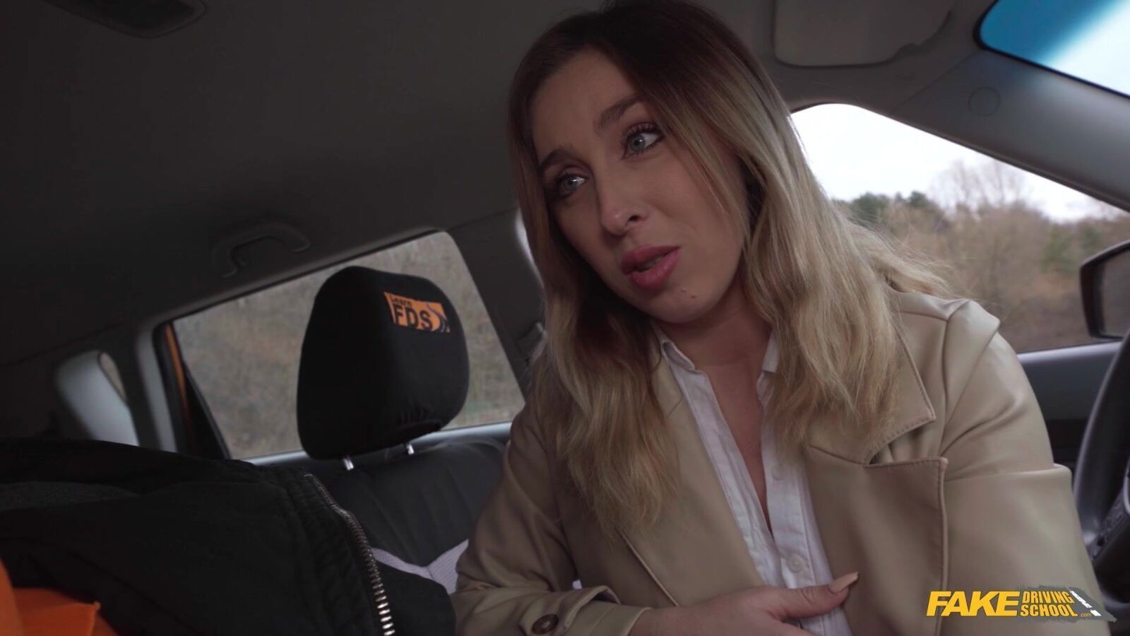 Driving School Student gives Blowjob After Breakdown Blonde Brown