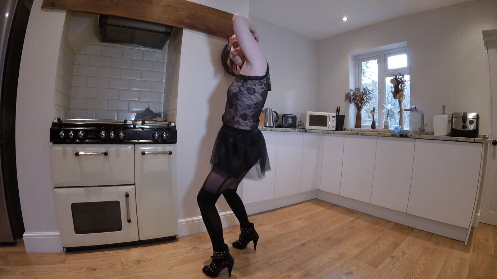 black lingerie pantyhose dancing striptease