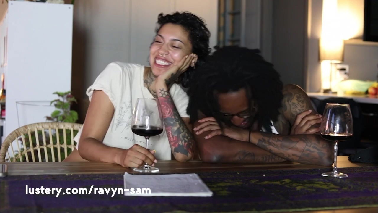 Curly-haired Latin drowning pleasures with kitchen.