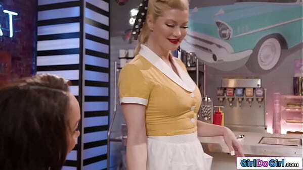 Busty milf waitress licks ebony customers pussy diner